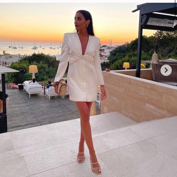 ZARA V NECK WHITE DRAPED BLAZER DRESS - Picture 4 of 10